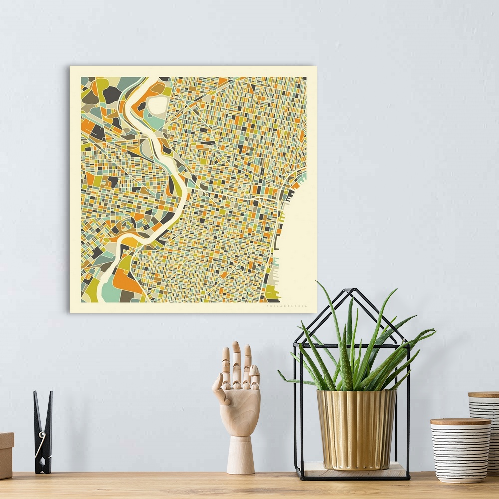 A bohemian room featuring Colorfully illustrated aerial street map of Philadelphia, Pennsylvania on a square background.