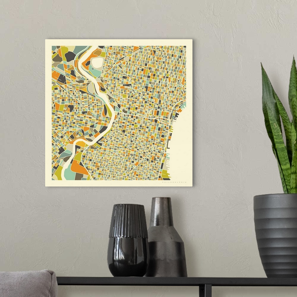 A modern room featuring Colorfully illustrated aerial street map of Philadelphia, Pennsylvania on a square background.