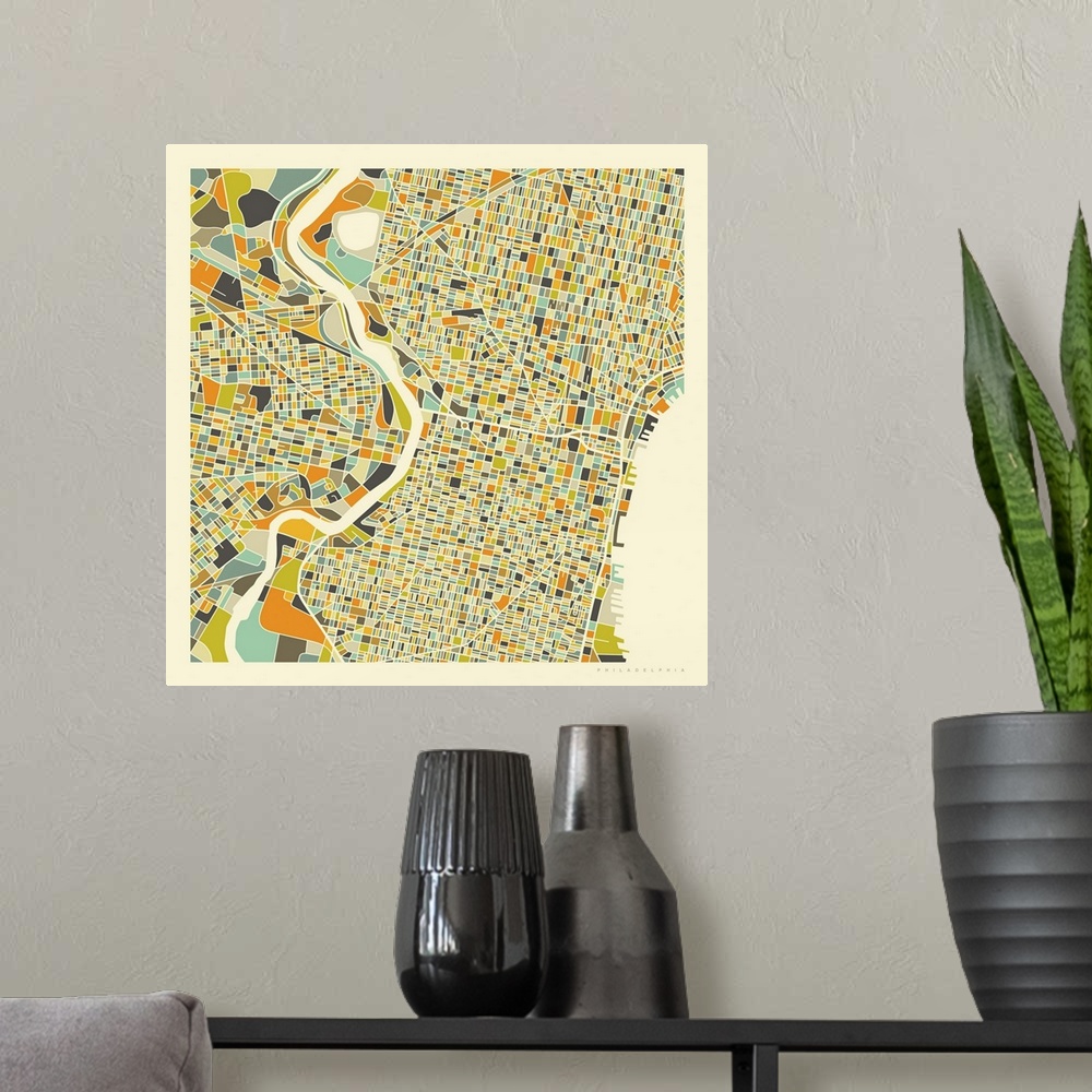 A modern room featuring Colorfully illustrated aerial street map of Philadelphia, Pennsylvania on a square background.