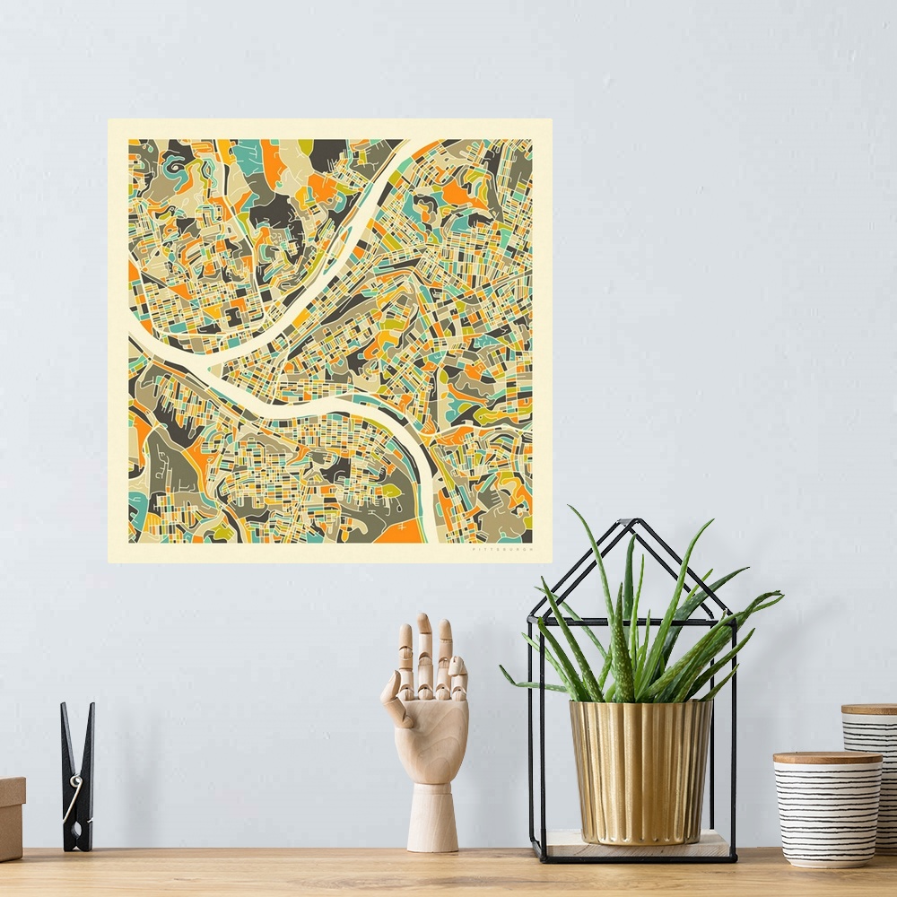 A bohemian room featuring Colorfully illustrated aerial street map of Pittsburgh, Pennsylvania on a square background.