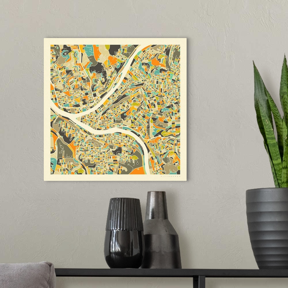 A modern room featuring Colorfully illustrated aerial street map of Pittsburgh, Pennsylvania on a square background.