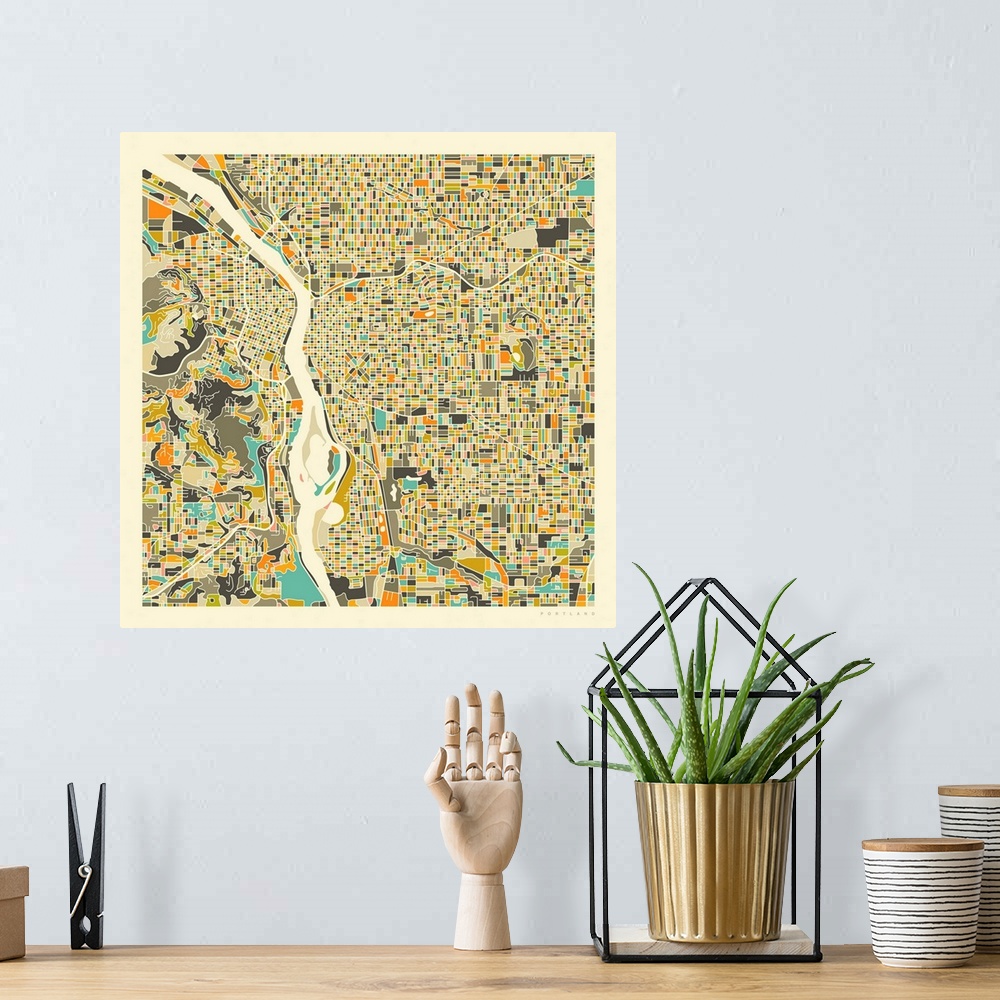 A bohemian room featuring Colorfully illustrated aerial map of Portland, Oregon on a square background.