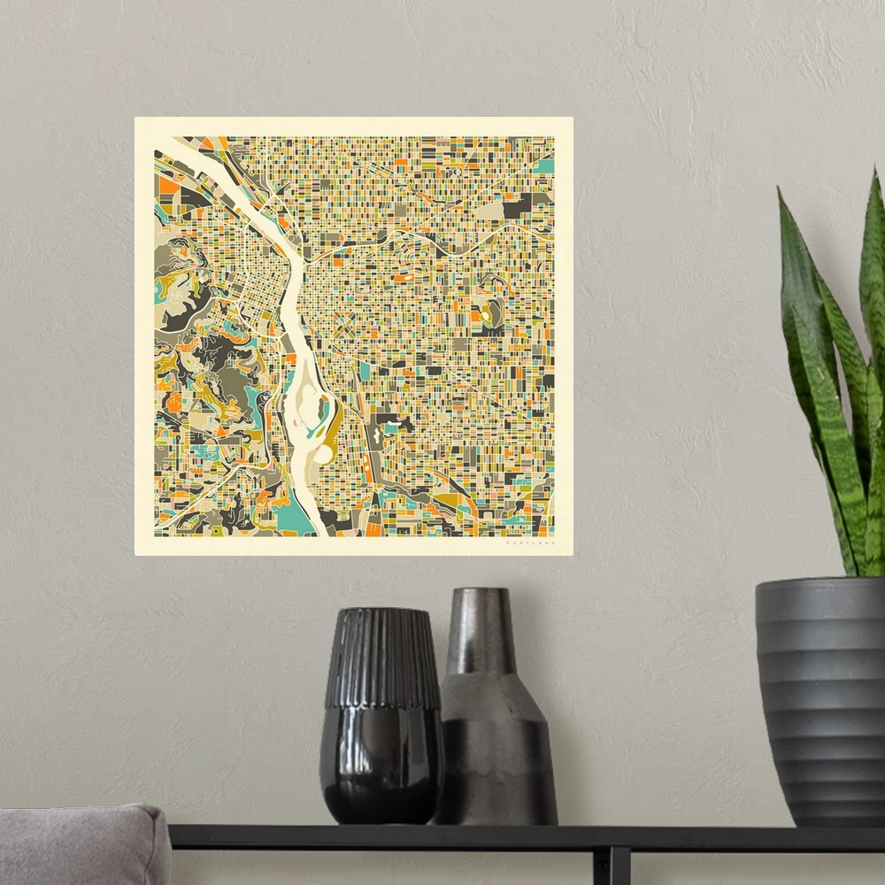 A modern room featuring Colorfully illustrated aerial map of Portland, Oregon on a square background.