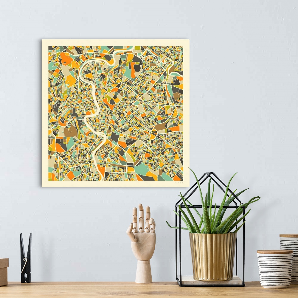 A bohemian room featuring Colorfully illustrated aerial street map of Rome, Italy on a square background.
