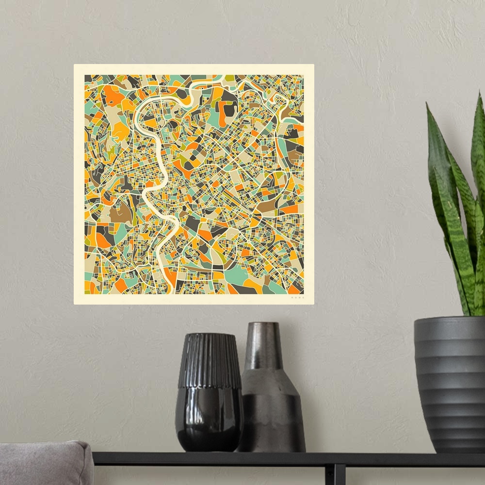 A modern room featuring Colorfully illustrated aerial street map of Rome, Italy on a square background.