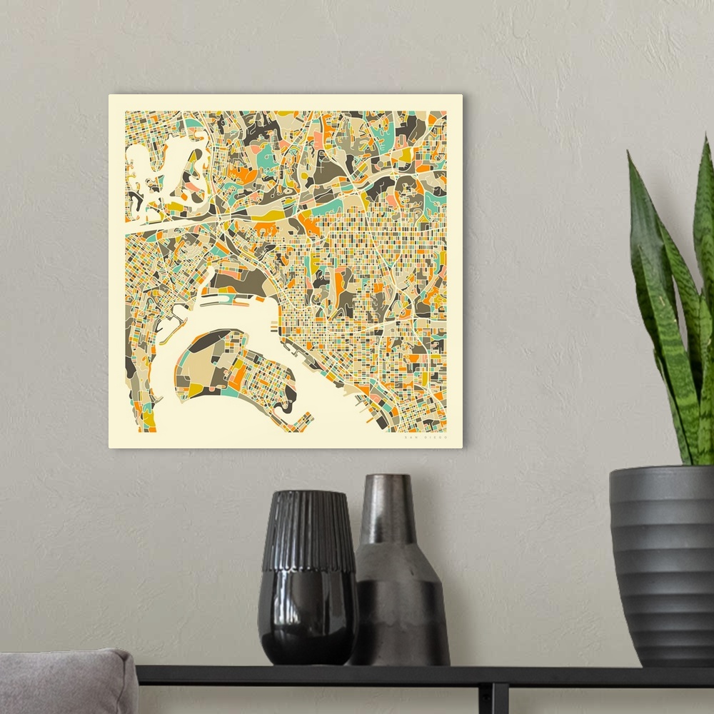 A modern room featuring Colorfully illustrated aerial street map of San Diego, California on a square background.