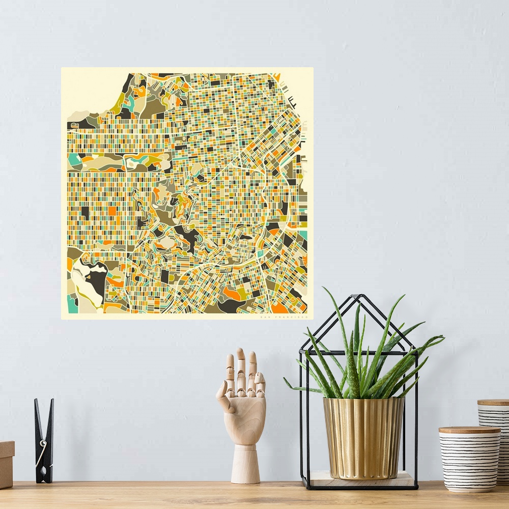 A bohemian room featuring Colorfully illustrated aerial street map of San Francisco, California on a square background.