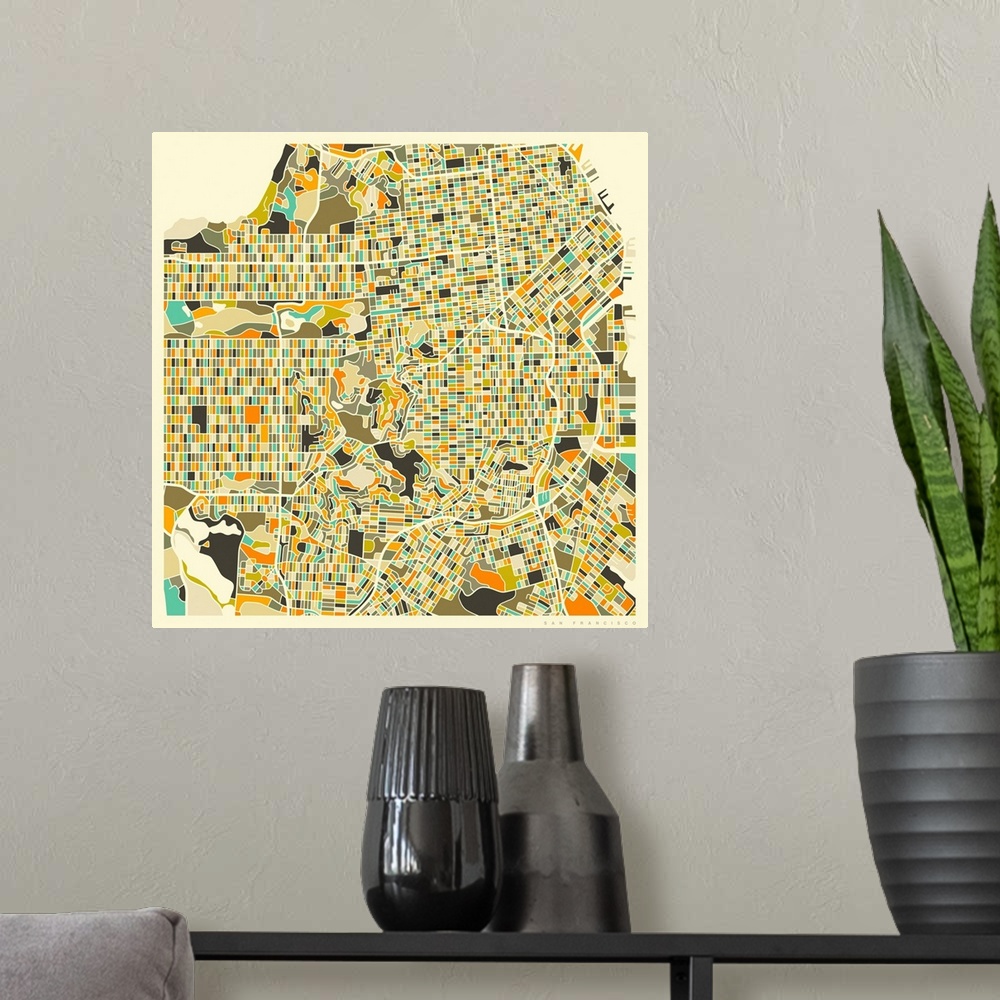 A modern room featuring Colorfully illustrated aerial street map of San Francisco, California on a square background.