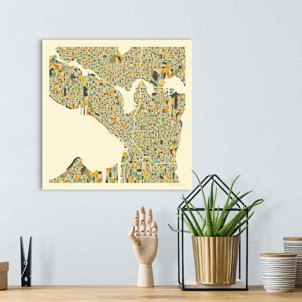 A bohemian room featuring Colorfully illustrated aerial street map of Seattle, Washington on a square background.