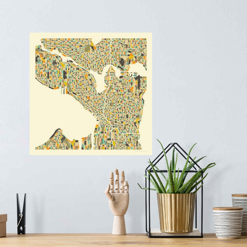 A bohemian room featuring Colorfully illustrated aerial street map of Seattle, Washington on a square background.