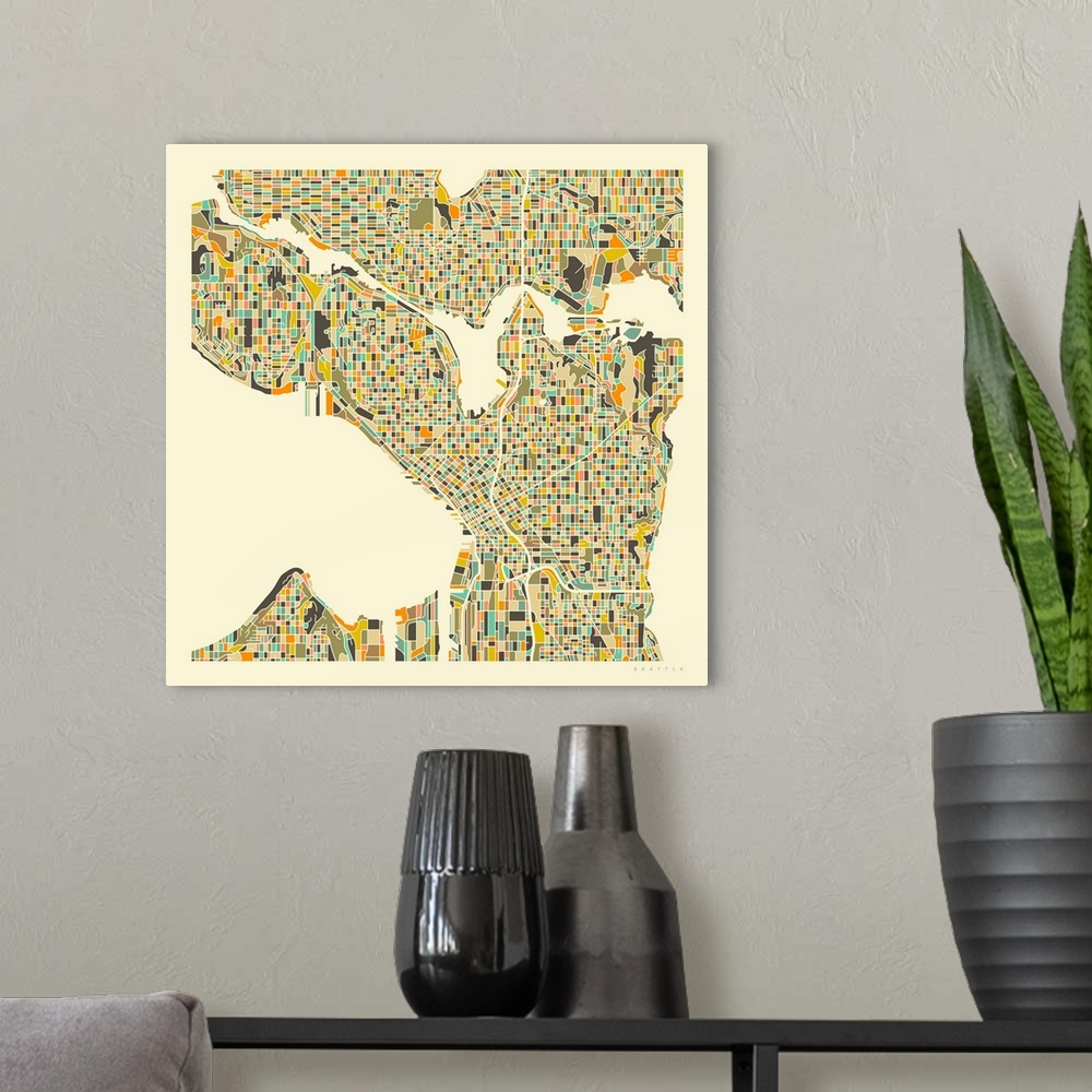 A modern room featuring Colorfully illustrated aerial street map of Seattle, Washington on a square background.