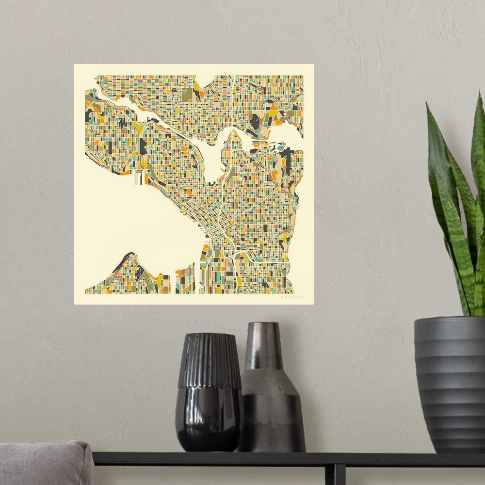 A modern room featuring Colorfully illustrated aerial street map of Seattle, Washington on a square background.