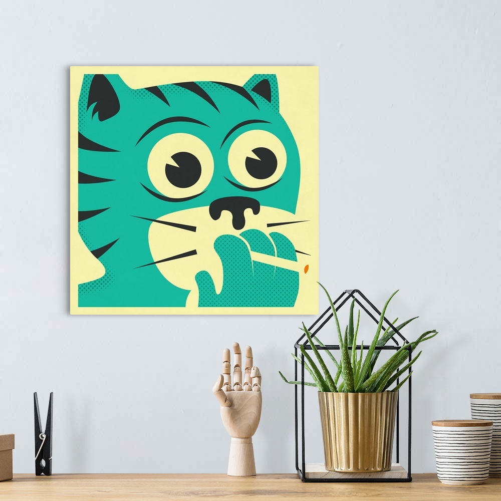 A bohemian room featuring Illustration of a bright blue cat smoking a cigarette on a square cream colored background.