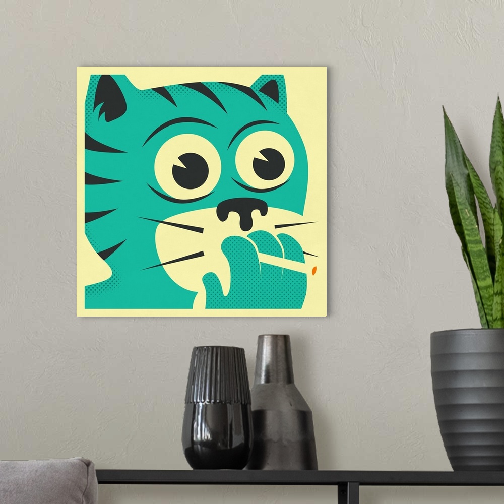 A modern room featuring Illustration of a bright blue cat smoking a cigarette on a square cream colored background.