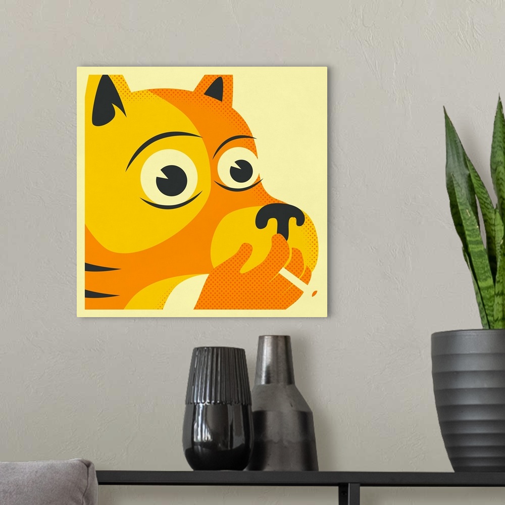 A modern room featuring Illustration of a bright orange and yellow dog smoking a cigarette on a square cream colored back...