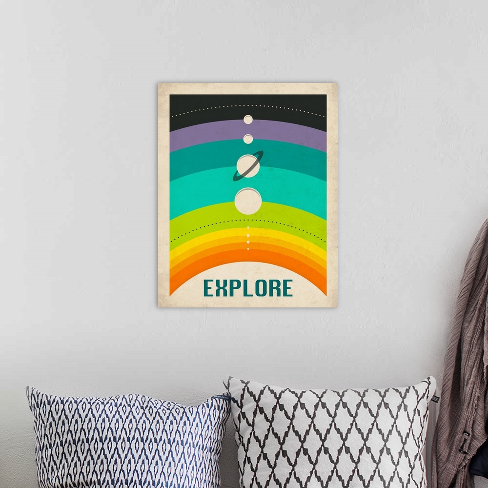 A bohemian room featuring Retro style illustration of the planets in the solar system lined up on a rainbow background with...
