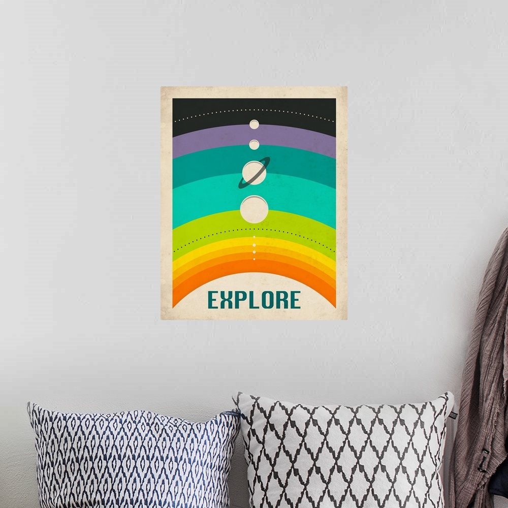 A bohemian room featuring Retro style illustration of the planets in the solar system lined up on a rainbow background with...