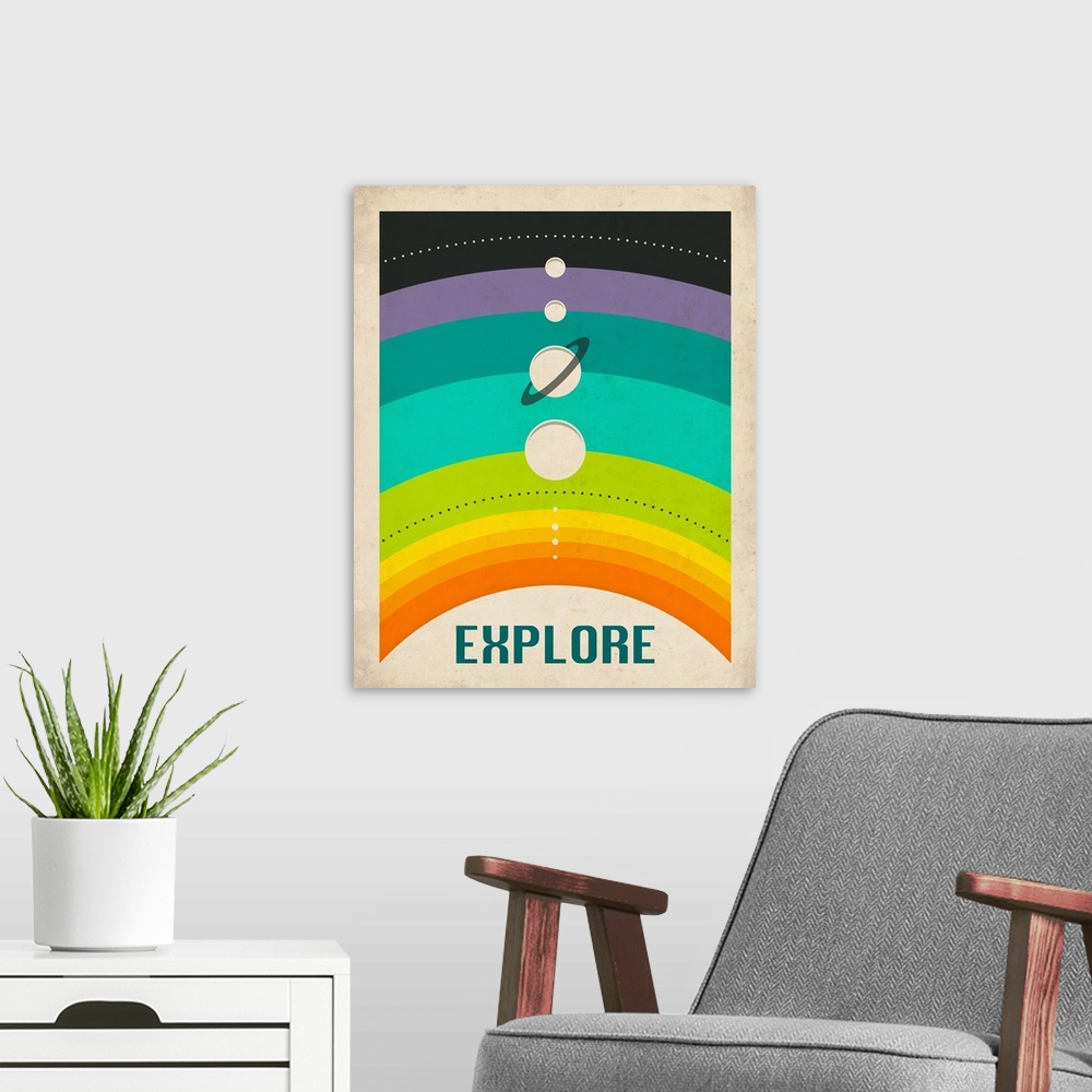 A modern room featuring Retro style illustration of the planets in the solar system lined up on a rainbow background with...