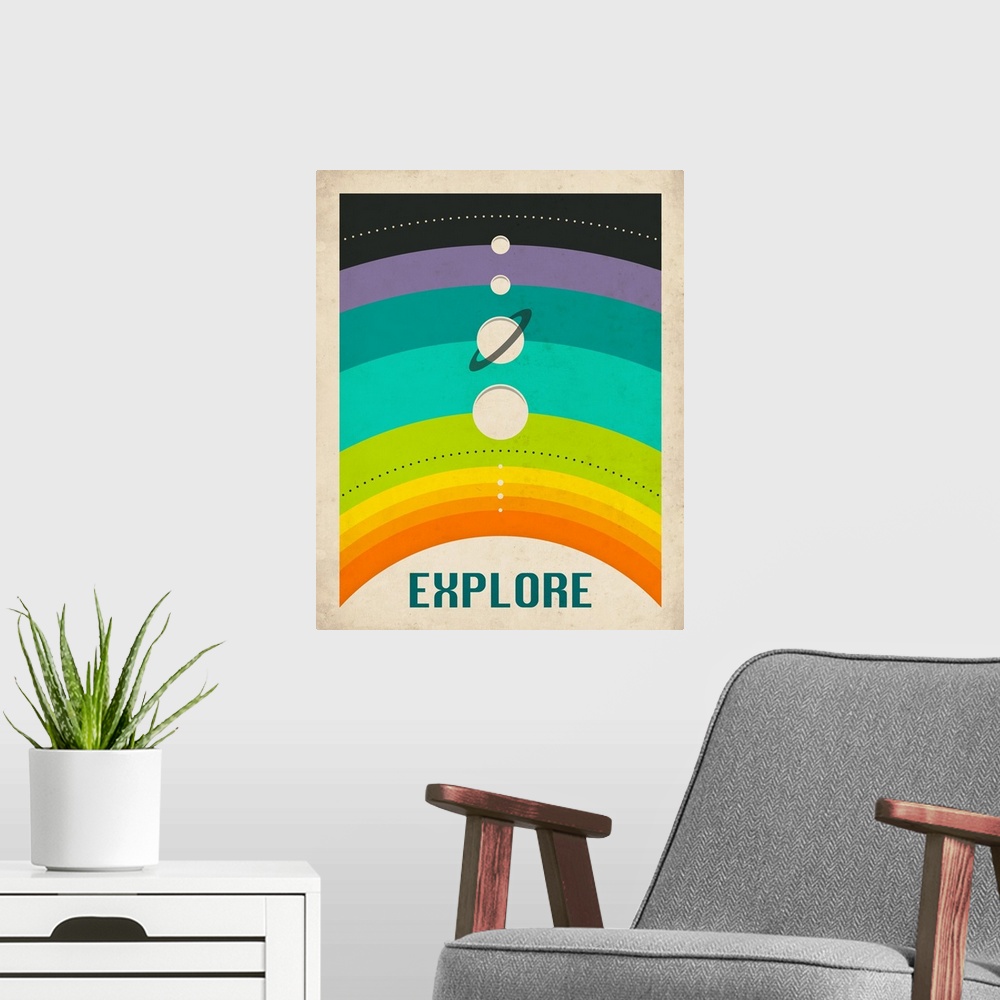A modern room featuring Retro style illustration of the planets in the solar system lined up on a rainbow background with...