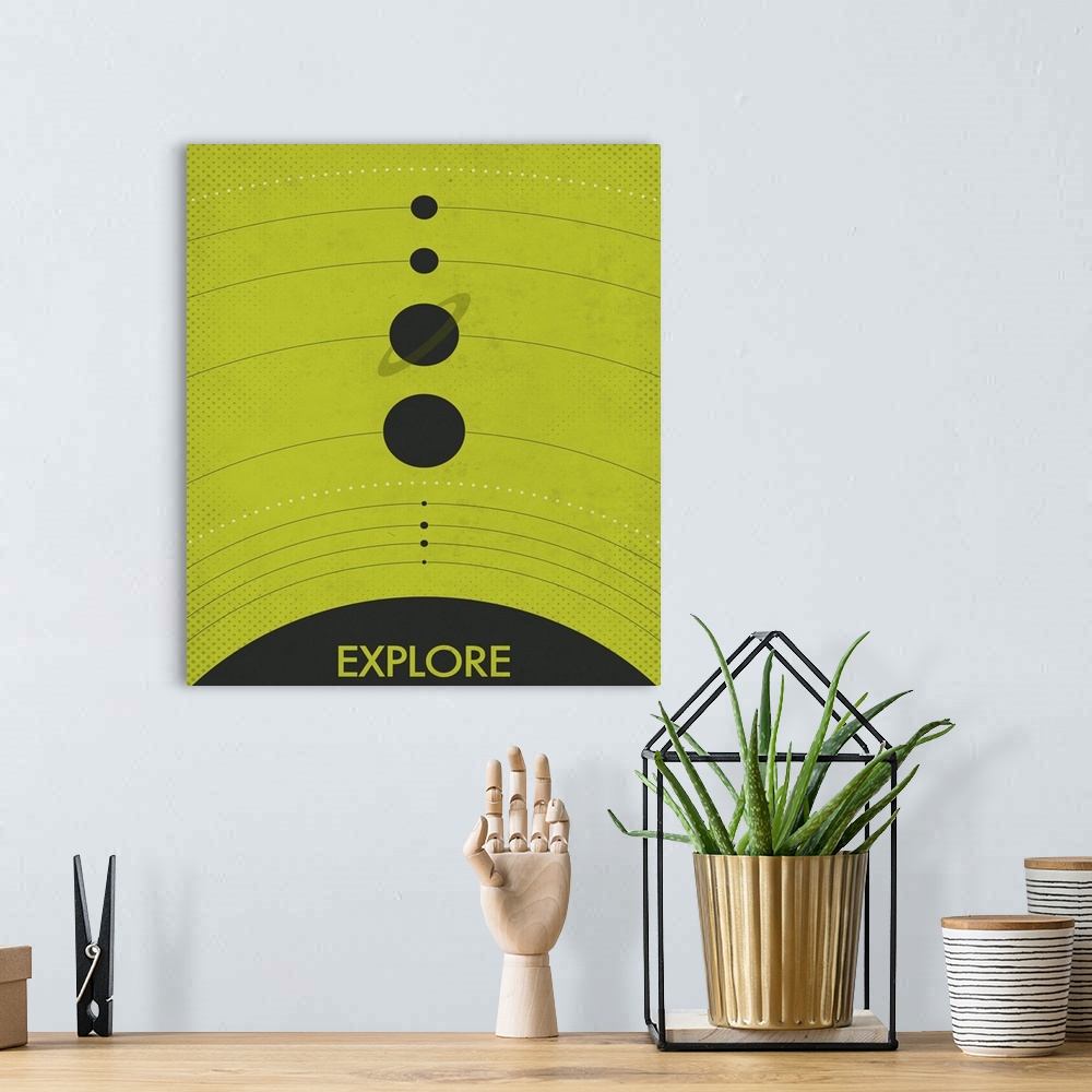 A bohemian room featuring Retro style illustration of the planets in the solar system lined up on a bright green background...