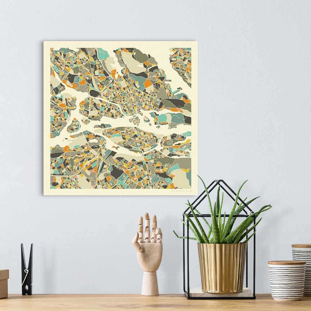A bohemian room featuring Colorfully illustrated aerial street map of Stockholm, Sweden on a square background.