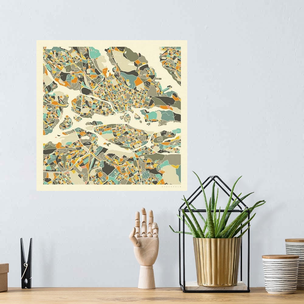 A bohemian room featuring Colorfully illustrated aerial street map of Stockholm, Sweden on a square background.