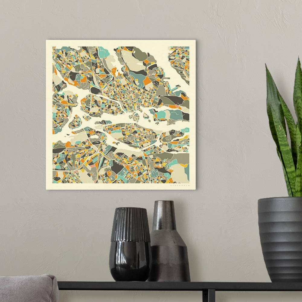 A modern room featuring Colorfully illustrated aerial street map of Stockholm, Sweden on a square background.