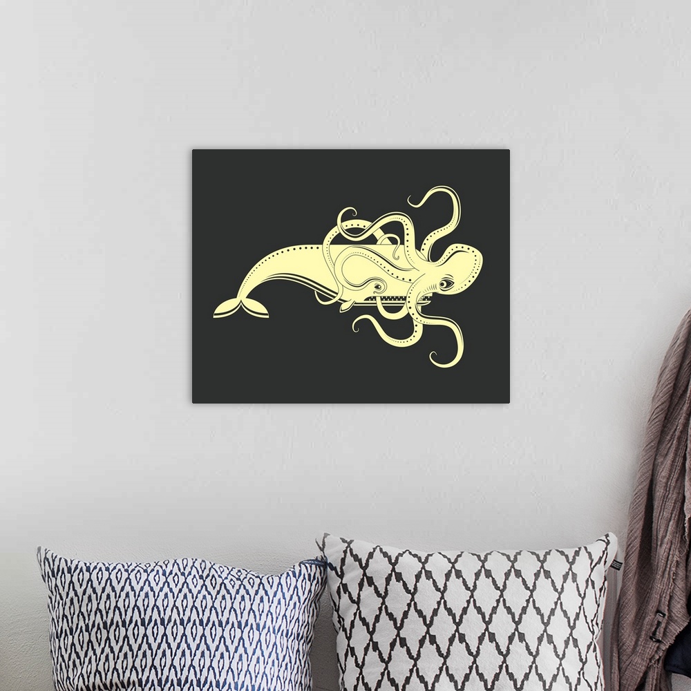 A bohemian room featuring Illustration of a large octopus attached to a whales face, in cream and black.