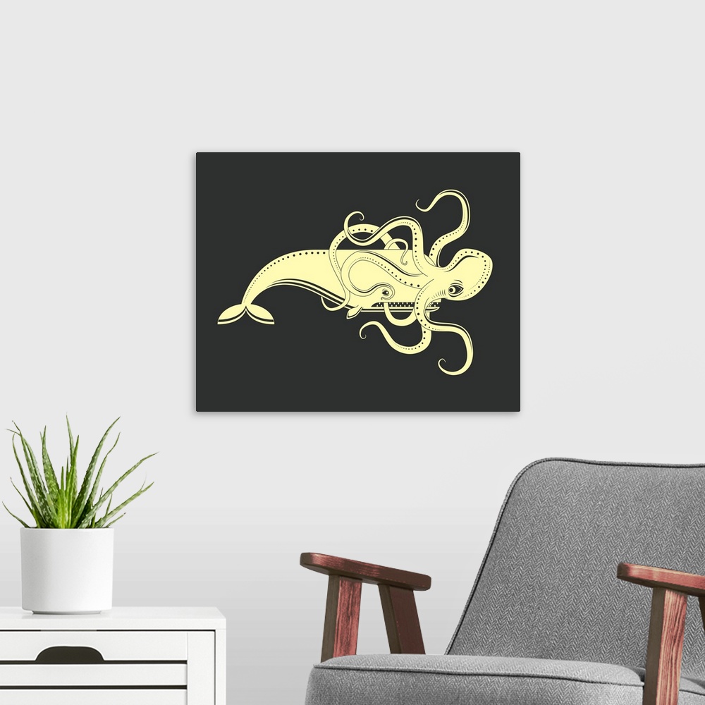 A modern room featuring Illustration of a large octopus attached to a whales face, in cream and black.