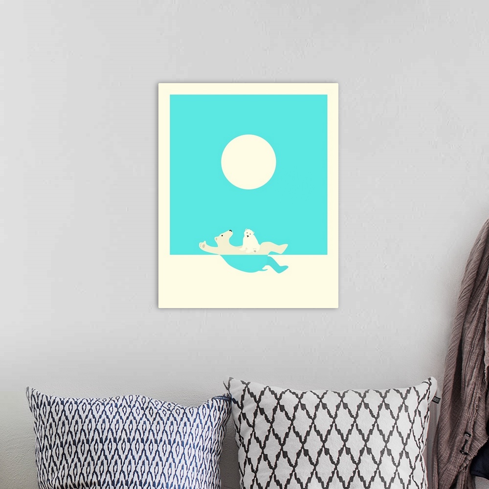 A bohemian room featuring Minimalist illustration of a polar bear swimming on its back with its child on its stomach, in br...