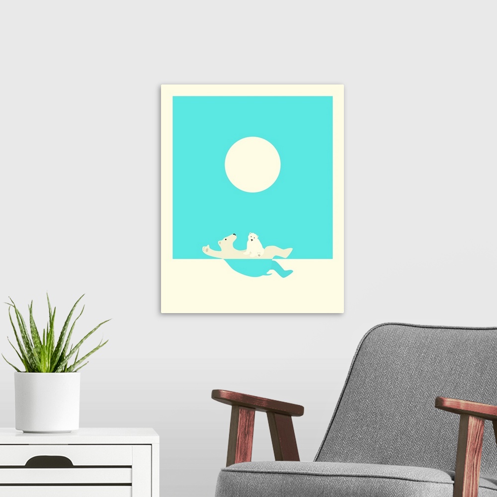 A modern room featuring Minimalist illustration of a polar bear swimming on its back with its child on its stomach, in br...