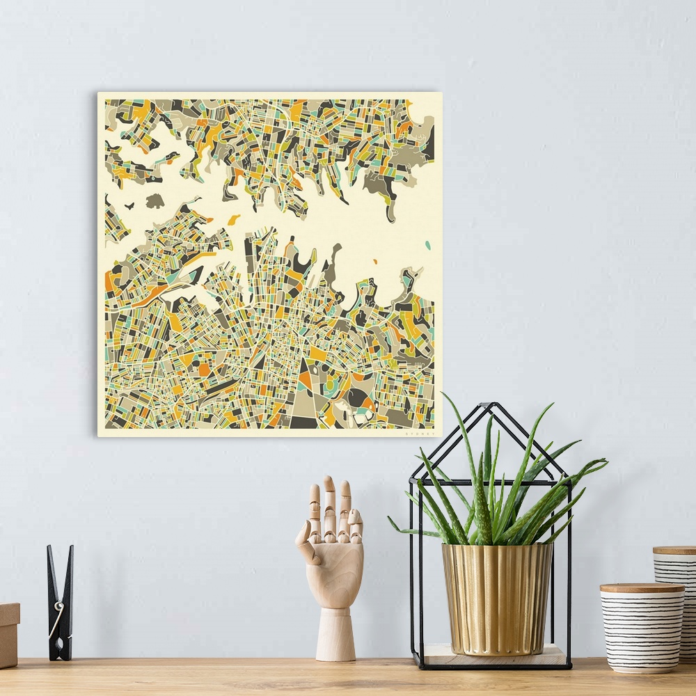 A bohemian room featuring Colorfully illustrated aerial street map of Sydney, Australia on a square background.
