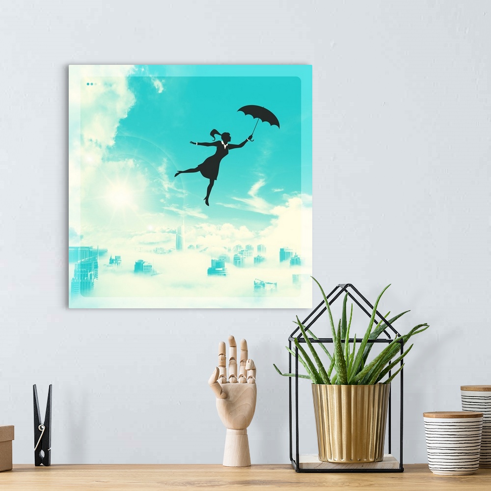 A bohemian room featuring Conceptual illustration of a woman in black and white holding an umbrella and flying in the brigh...