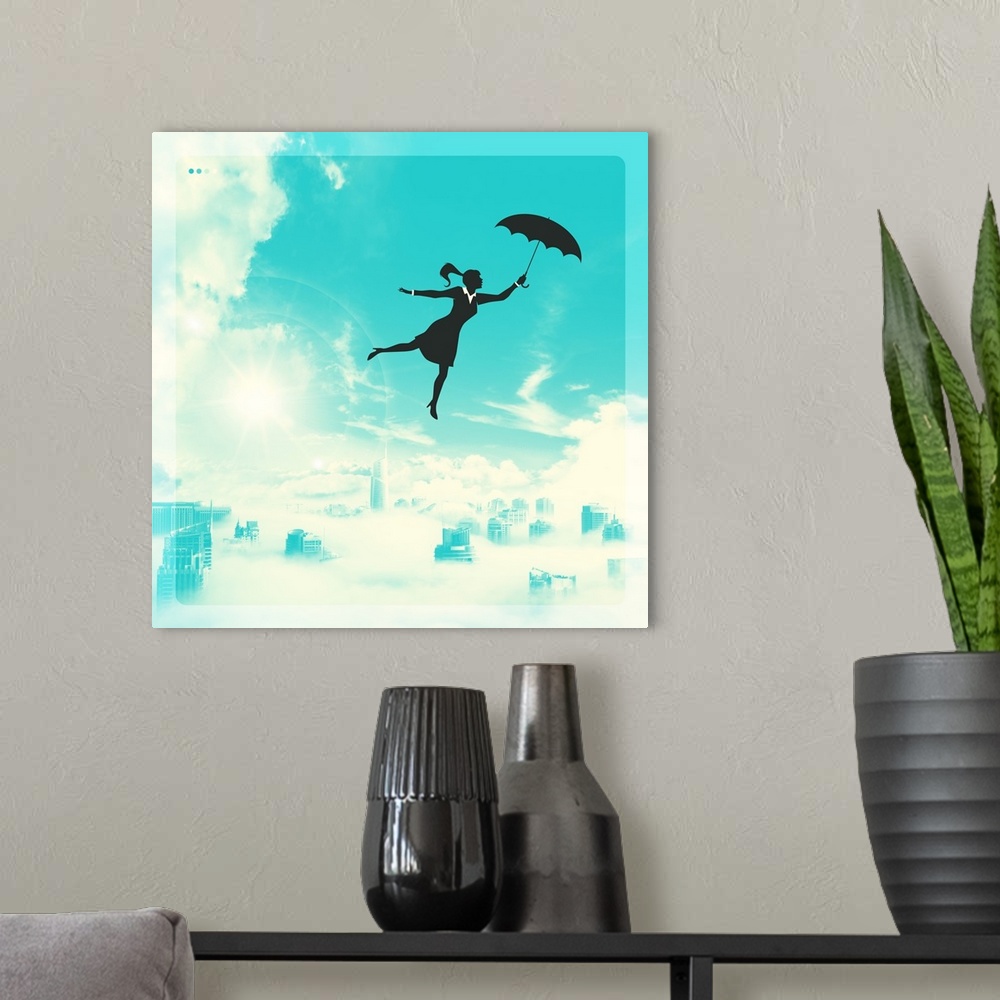 A modern room featuring Conceptual illustration of a woman in black and white holding an umbrella and flying in the brigh...
