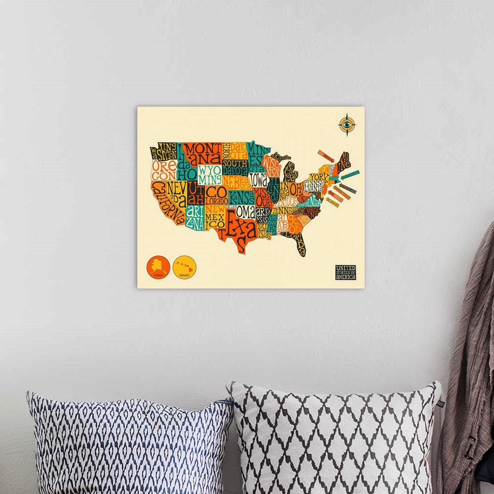 A bohemian room featuring Illustrated map of the United States of America with the name of each state written out in the ap...