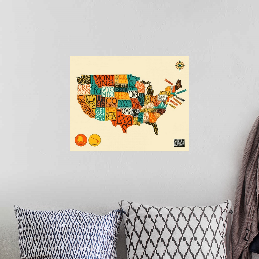 A bohemian room featuring Illustrated map of the United States of America with the name of each state written out in the ap...