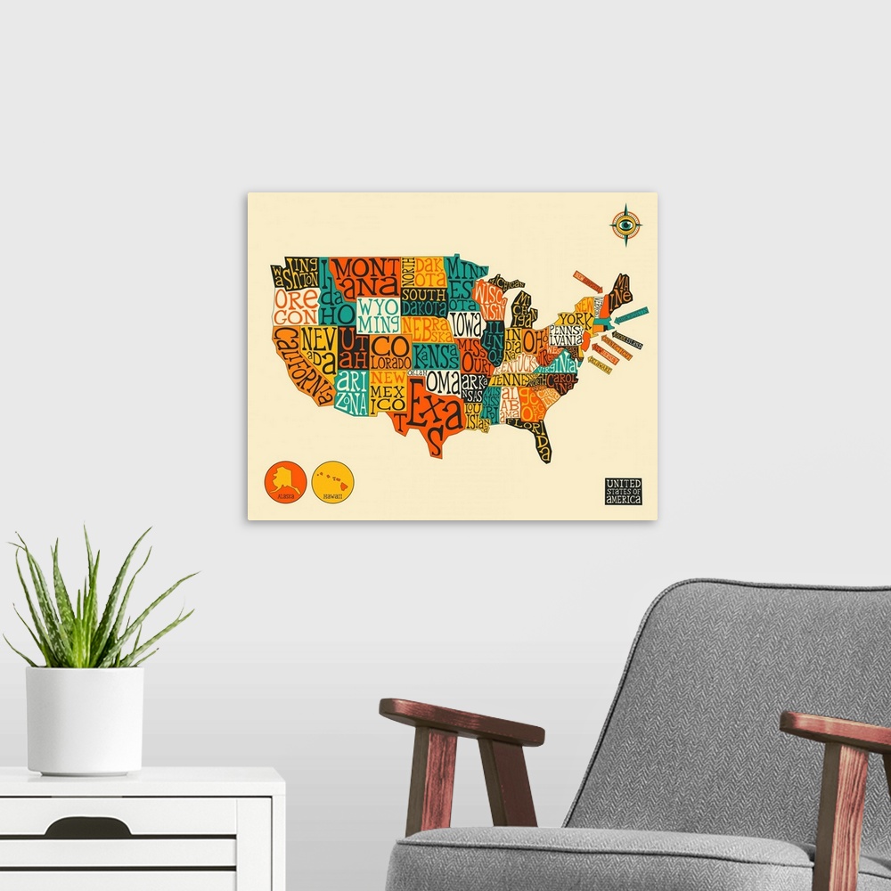 A modern room featuring Illustrated map of the United States of America with the name of each state written out in the ap...
