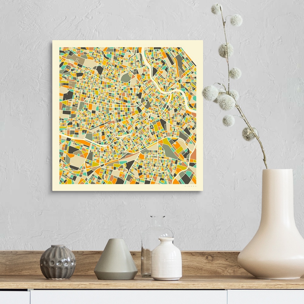 A farmhouse room featuring Colorfully illustrated aerial street map of Vienna, Austria on a square background.