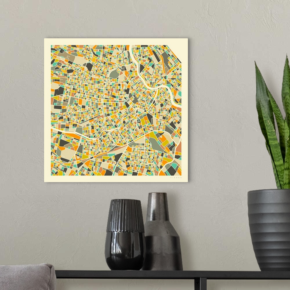 A modern room featuring Colorfully illustrated aerial street map of Vienna, Austria on a square background.