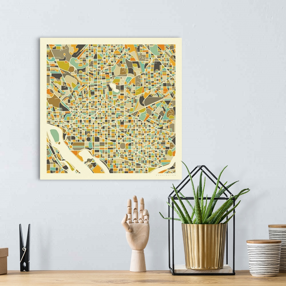 A bohemian room featuring Colorfully illustrated aerial street map of Washington DC on a square background.