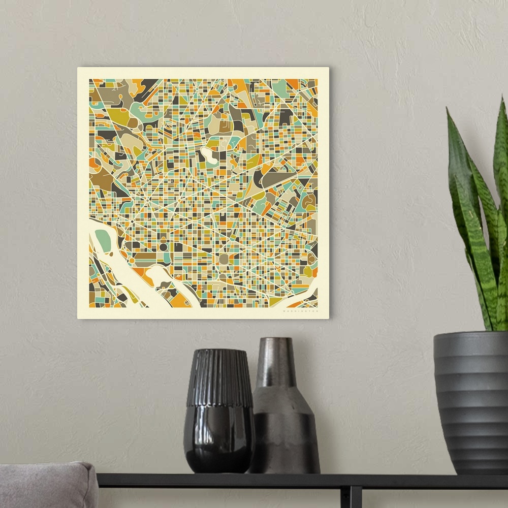 A modern room featuring Colorfully illustrated aerial street map of Washington DC on a square background.