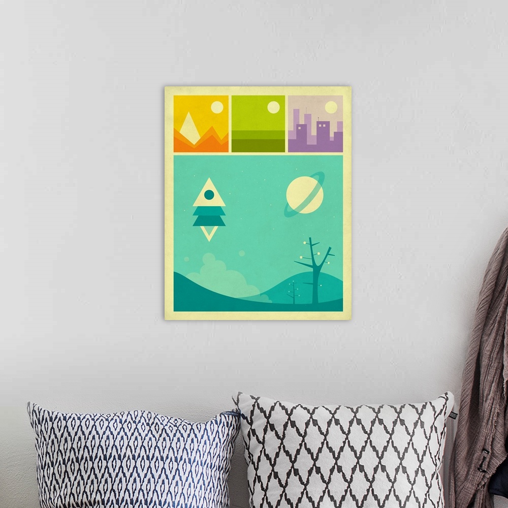 A bohemian room featuring Retro style illustration of the mountains, plains, and city in three boxes at the top and an illu...