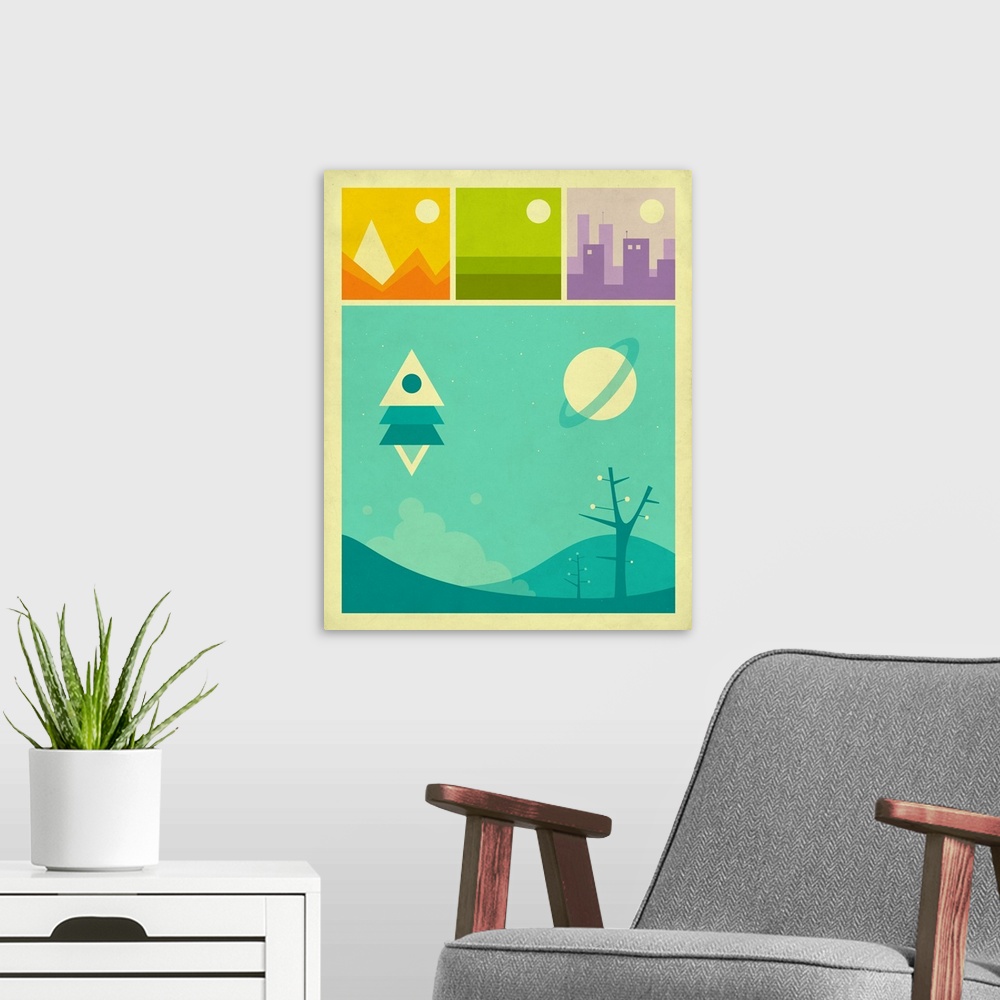 A modern room featuring Retro style illustration of the mountains, plains, and city in three boxes at the top and an illu...