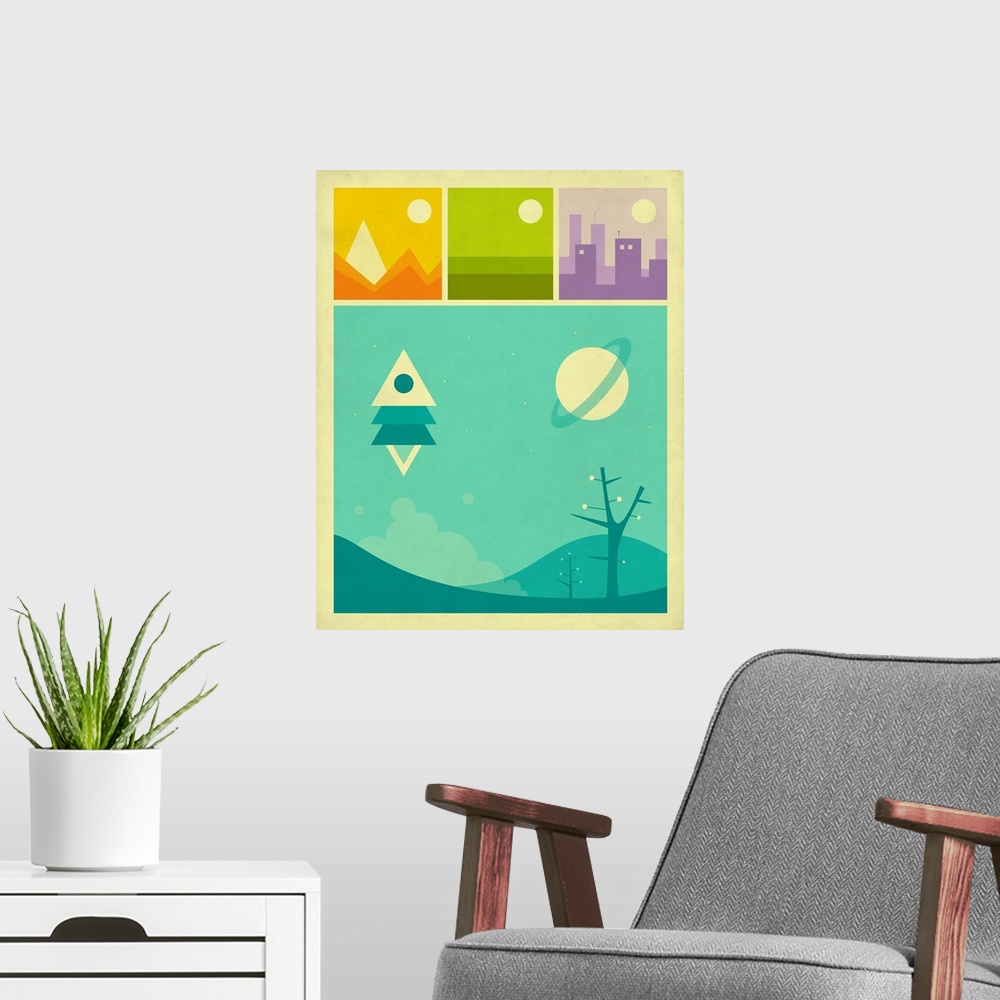 A modern room featuring Retro style illustration of the mountains, plains, and city in three boxes at the top and an illu...