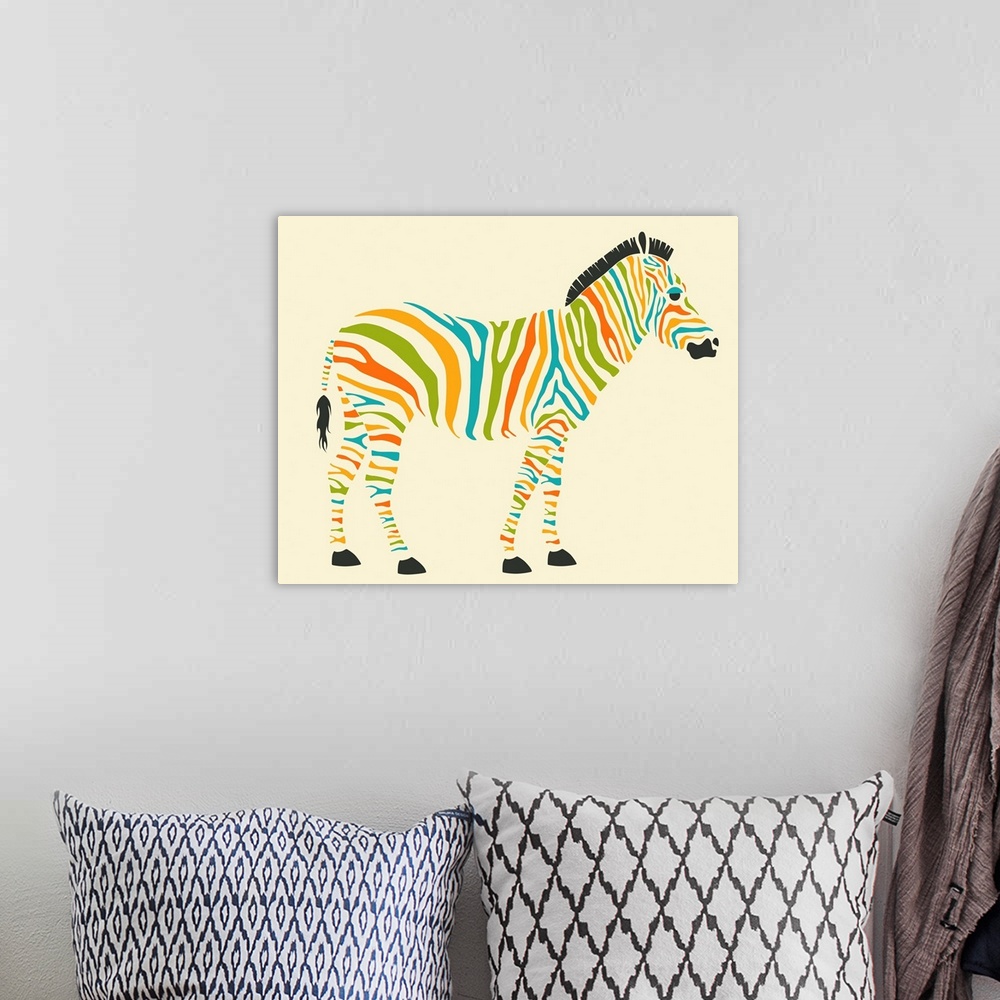 A bohemian room featuring Whimsical illustration of a zebra with colorful stripes on a cream colored background.