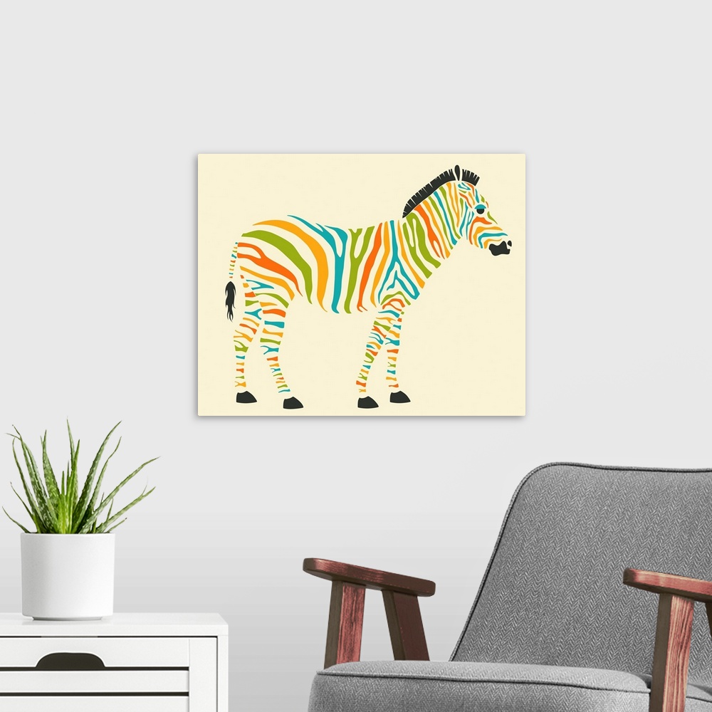 A modern room featuring Whimsical illustration of a zebra with colorful stripes on a cream colored background.