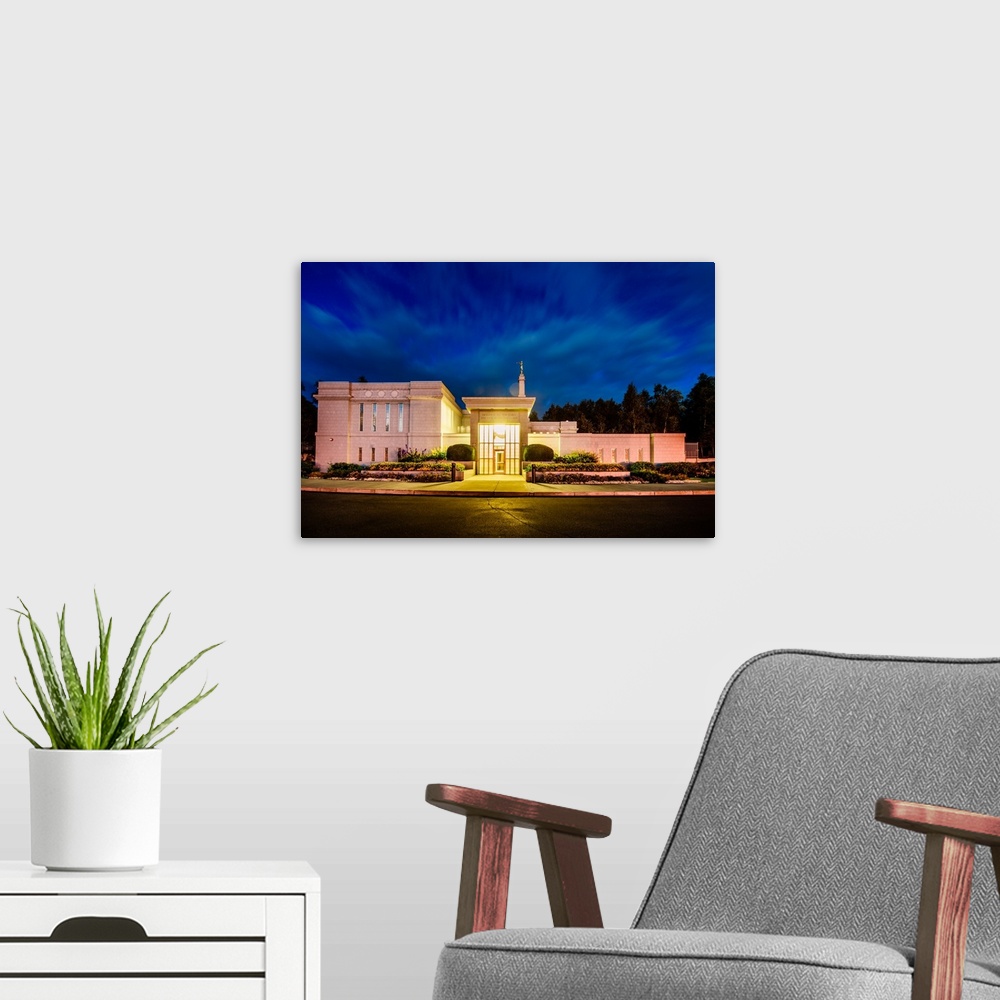A modern room featuring The Anchorage Alaska Temple held its groundbreaking in April 1998 and expanded in 2003 to encompa...
