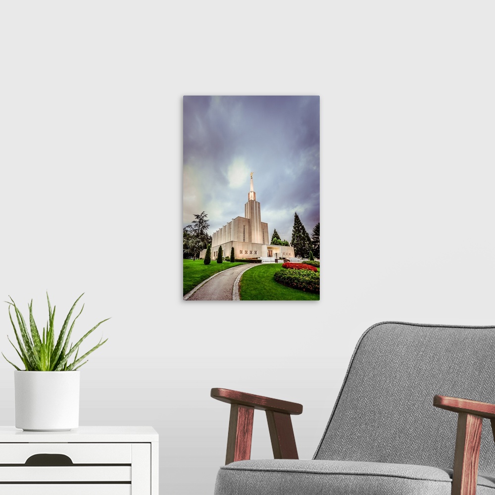 A modern room featuring The Bern Switzerland Temple is the ninth operating temple. The striking white building stands on ...
