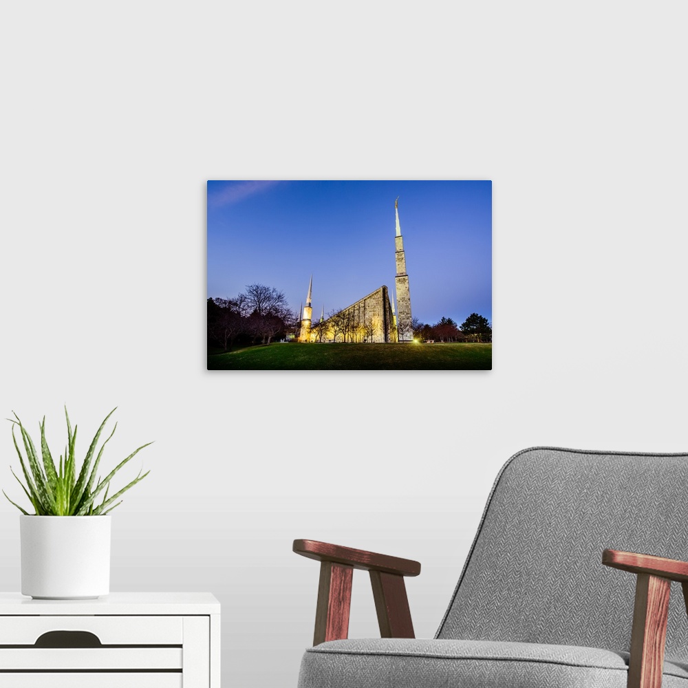 A modern room featuring The Chicago Illinois Temple in Glenview was dedicated by Gordon B. Hinckley in August 1985. It si...