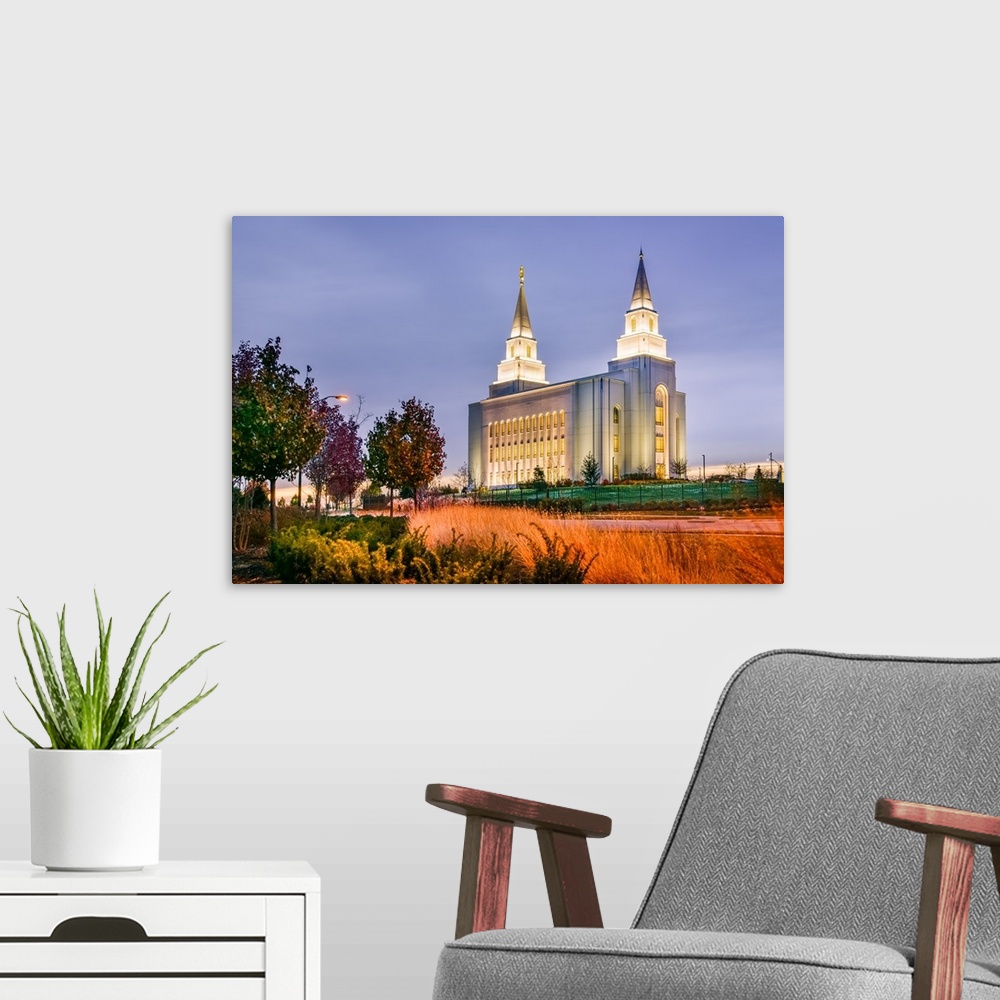 A modern room featuring The Kansas City Missouri Temple has double towers, an architectural quality that distinguishes it...